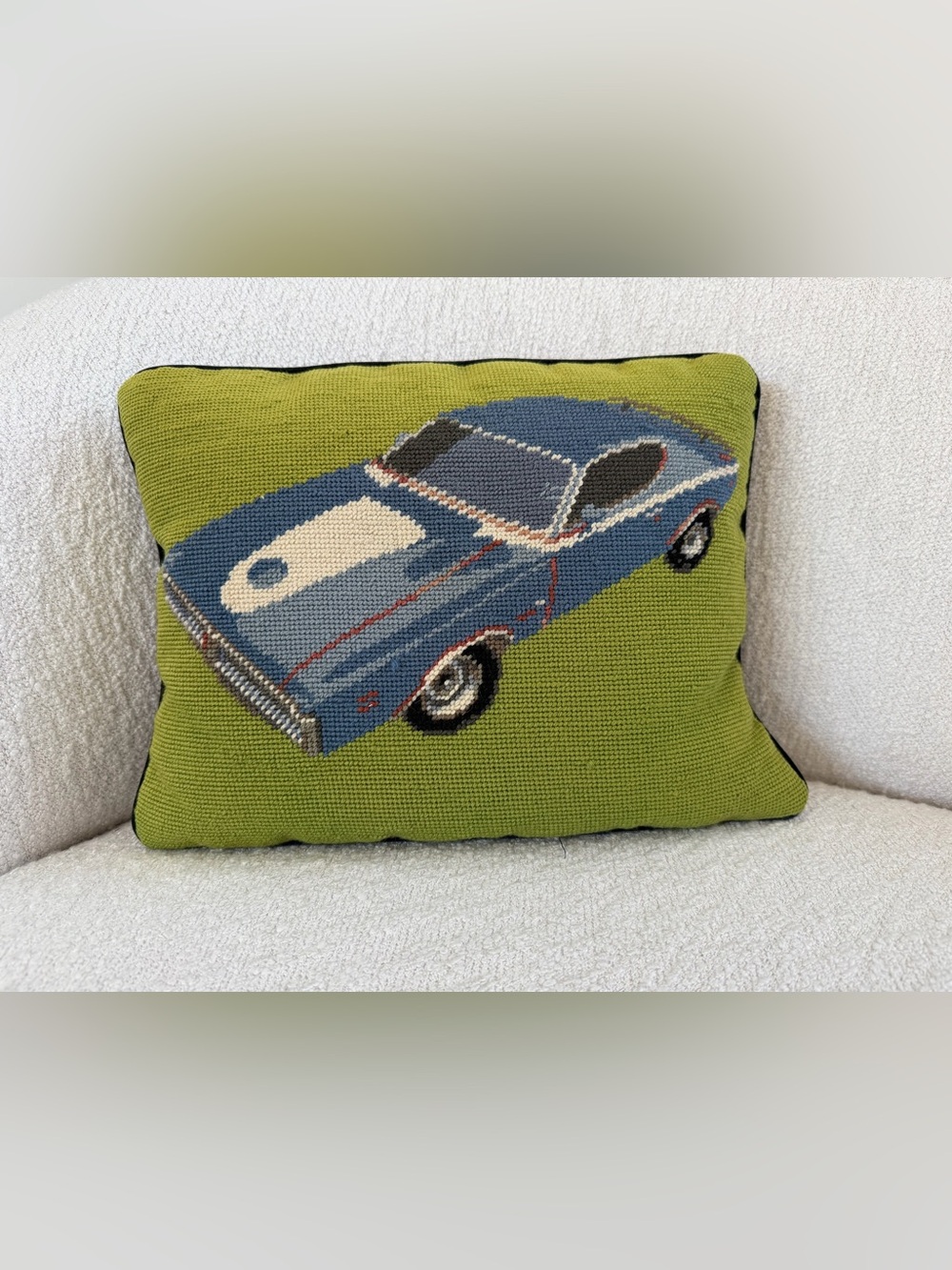 Jonathan Adler Blue Car Needlepoint Accent Pillow on Green Ground